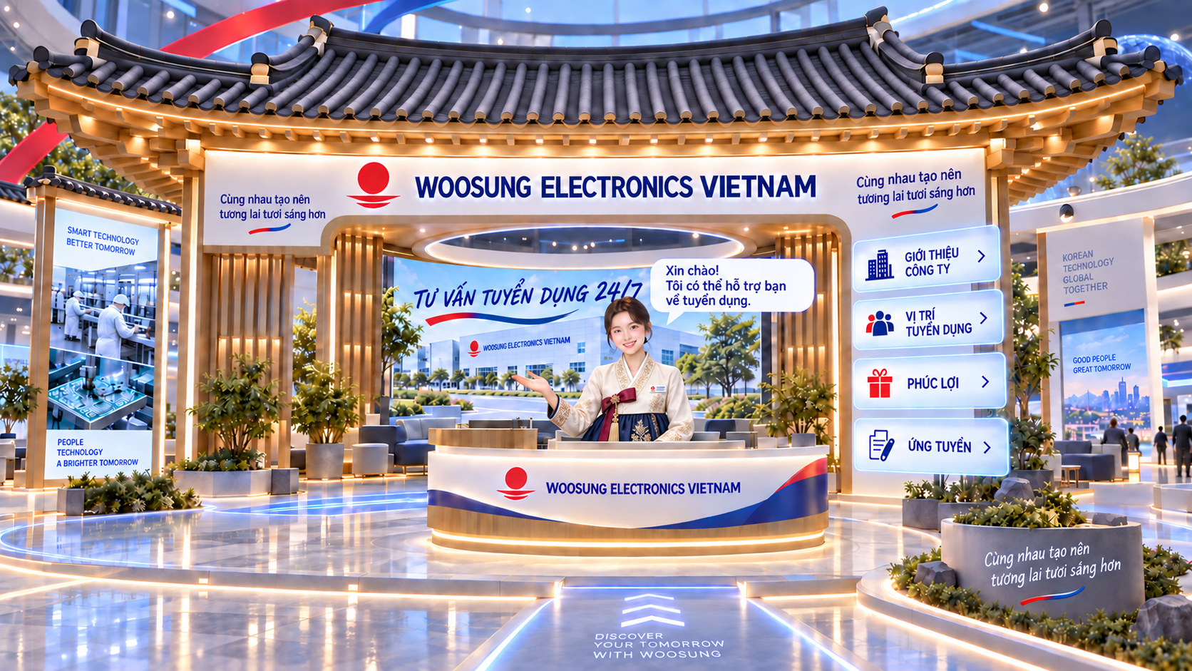 Gian hàng tuyển dụng Woosung Electronics Vietnam với tư vấn viên mặc Hanbok